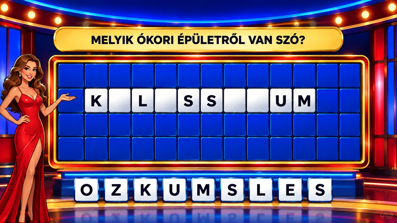 Rajzolt televíziós játékszínpad, piros ruhás műsorvezetővel